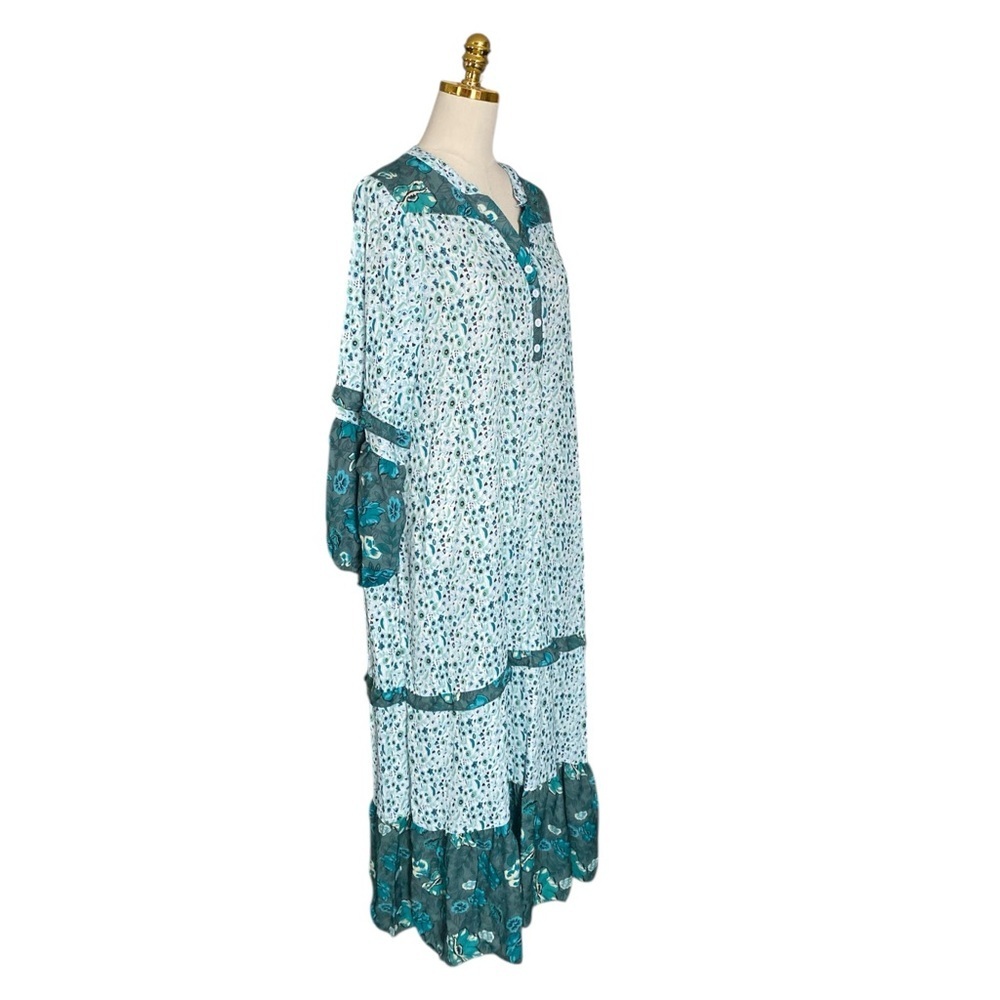 Retro Bohemian Green and White Floral Flowy Beach Vacation Maxi Dress Size XL - Picture 6 of 10